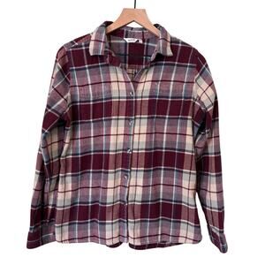 Woolrich Women's Maroon Plaid Flannel Shirt, Large Button Up